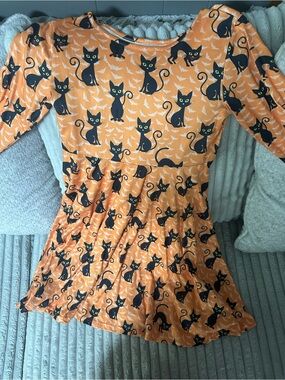 Girls' Orange Black Cat Print Dress
